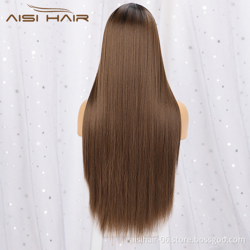 Aisi Hair 26 Inch Long Silky Straight Swiss Lace Wig Wholesale Middle Part Ombre Brown Synthetic Hair Wigs For Black Women